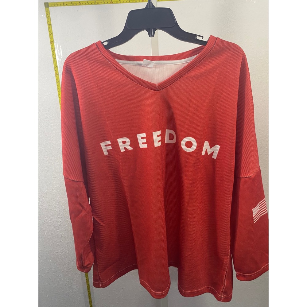 Red Freedom Graphic Ribbed Long Sleeve V-Neck Shirt XXL American Flag Patriotic